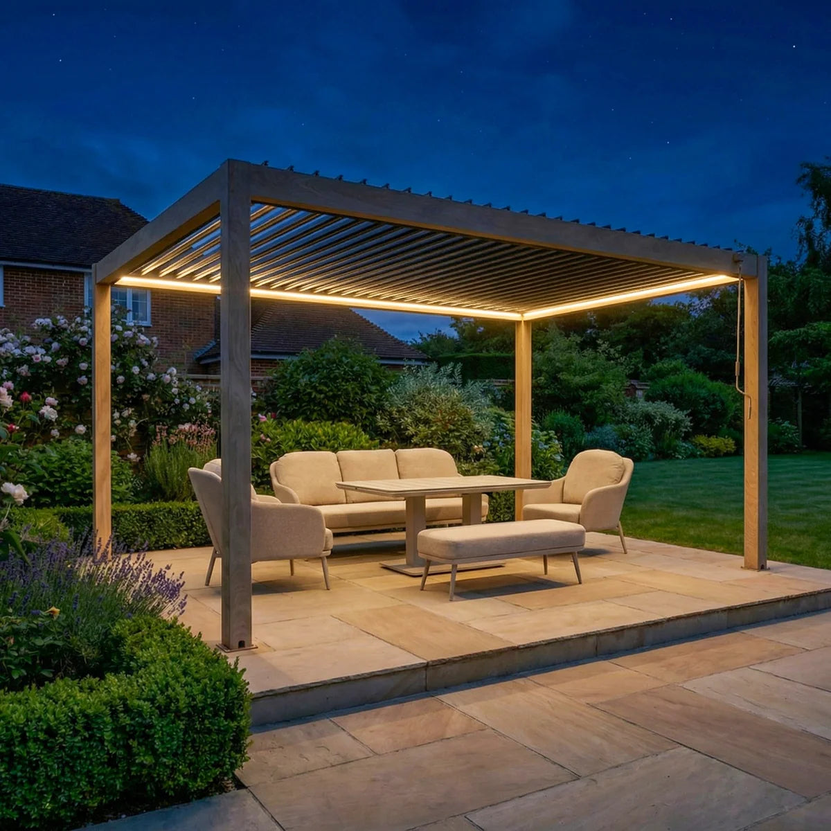 PergoSTET Plus Frame Only 3m x 4m Rectangular Pergola with LED Lighting in Wood Effect