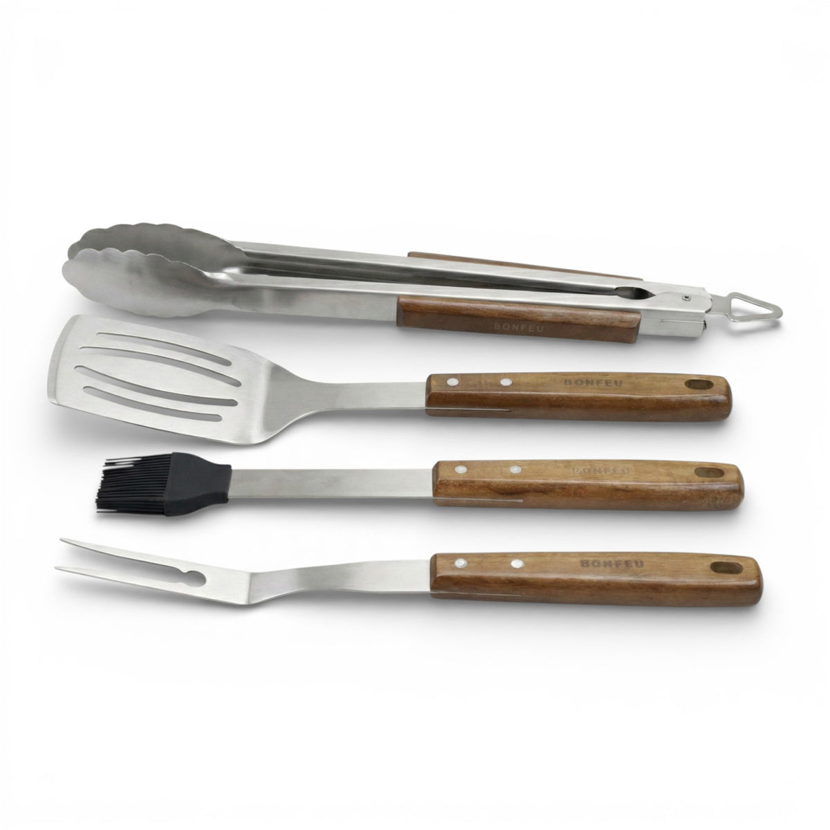 BonFeu Premium 4-Piece Stainless Steel BBQ Grilling Tool Set with Acacia Wood Handles