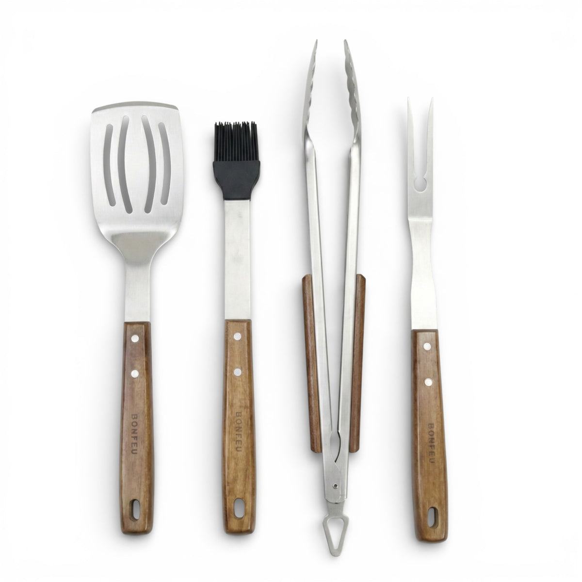 BonFeu Premium 4-Piece Stainless Steel BBQ Grilling Tool Set with Acacia Wood Handles