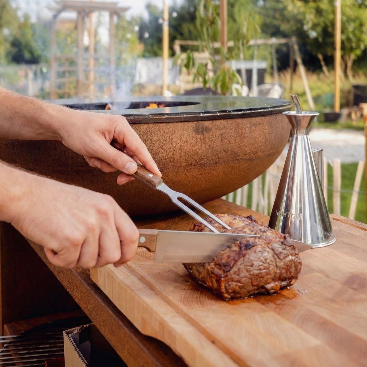BonFeu Premium 2-Piece Stainless Steel Meat Carving Knife & Fork Set with Acacia Wood Handles