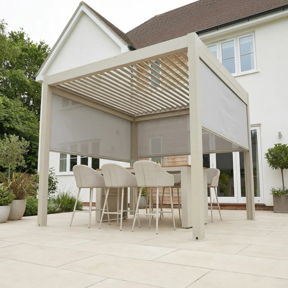 PergoSTET Plus 3x3m Aluminum Pergola with LED Lights & 3 Manual Blinds - Latte