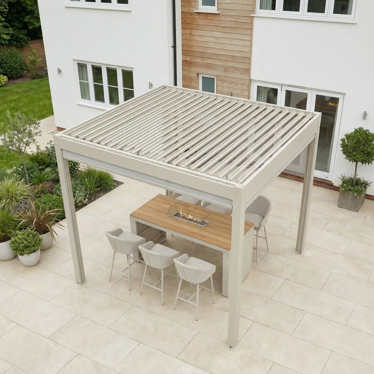 PergoSTET Plus 3x3m Aluminum Pergola with LED Lights & 3 Manual Blinds - Latte