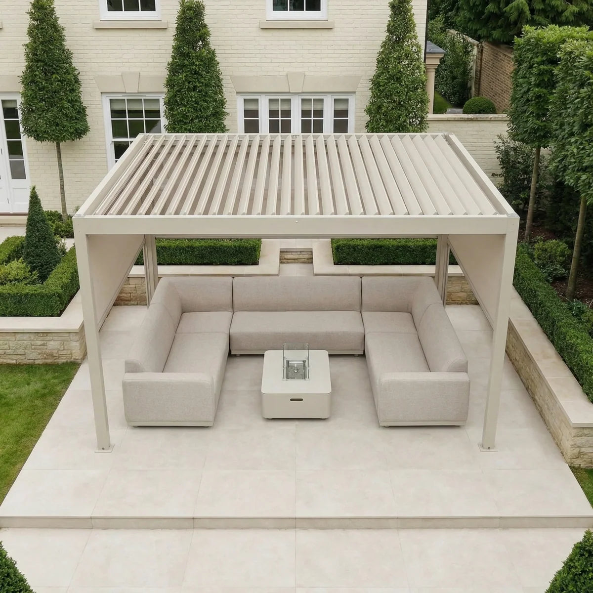 PergoSTET Plus 3m x 4m Rectangular Pergola with 3 Manual Side Blinds and LED Lighting in Latte