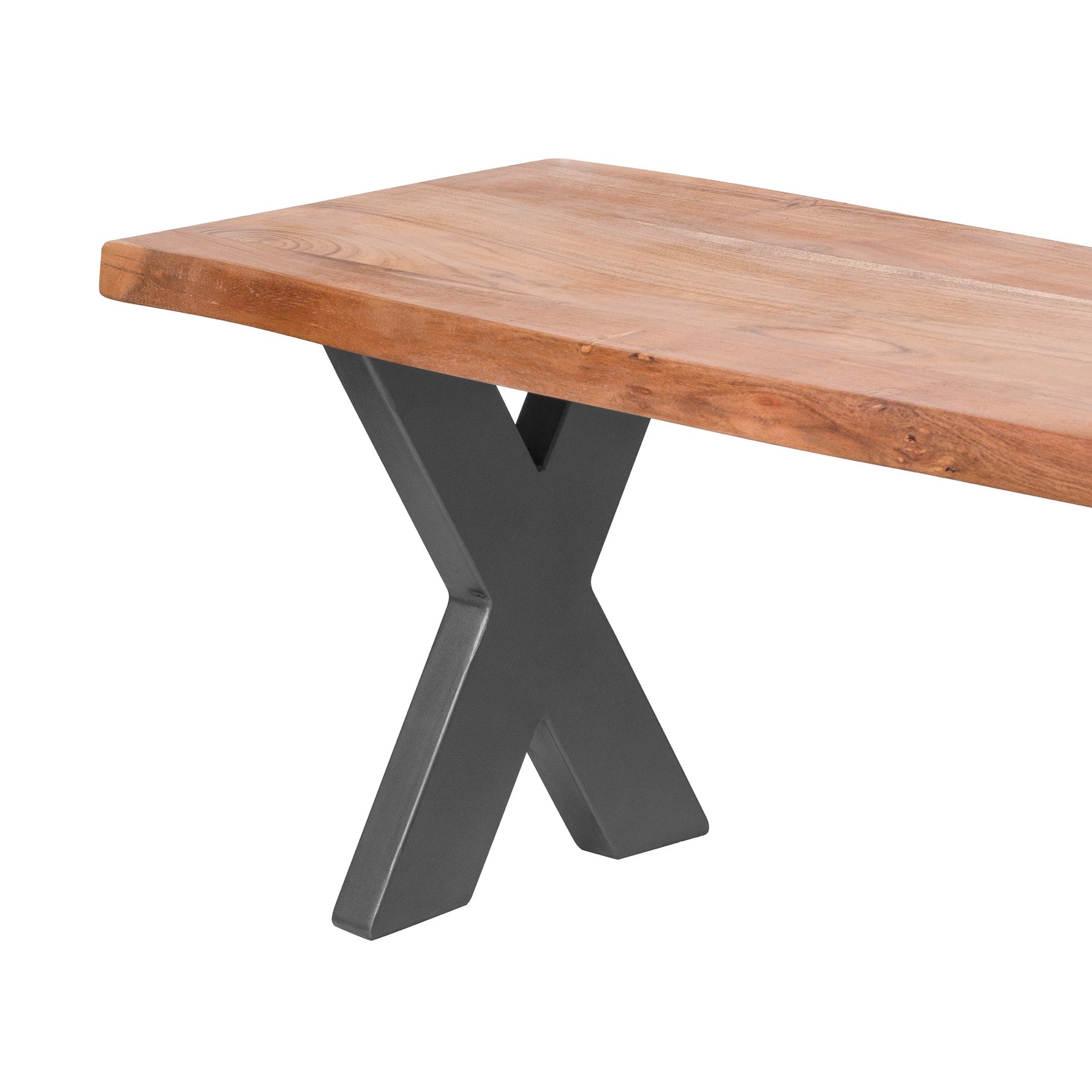 Live Edge Collection Bench Indian Acacia Wood Grey Metal Cross Legs Limited Edition