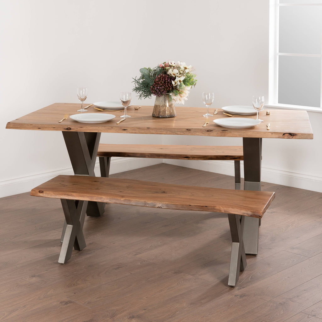 Live Edge Collection Bench Indian Acacia Wood Grey Metal Cross Legs Limited Edition
