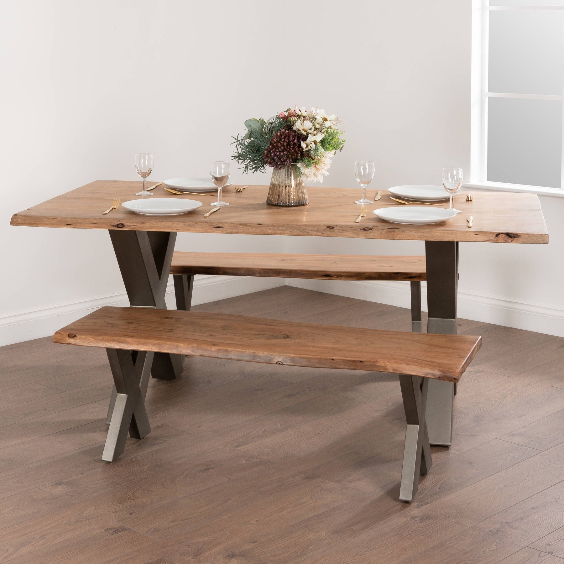 Live Edge Collection Bench Indian Acacia Wood Grey Metal Cross Legs Limited Edition