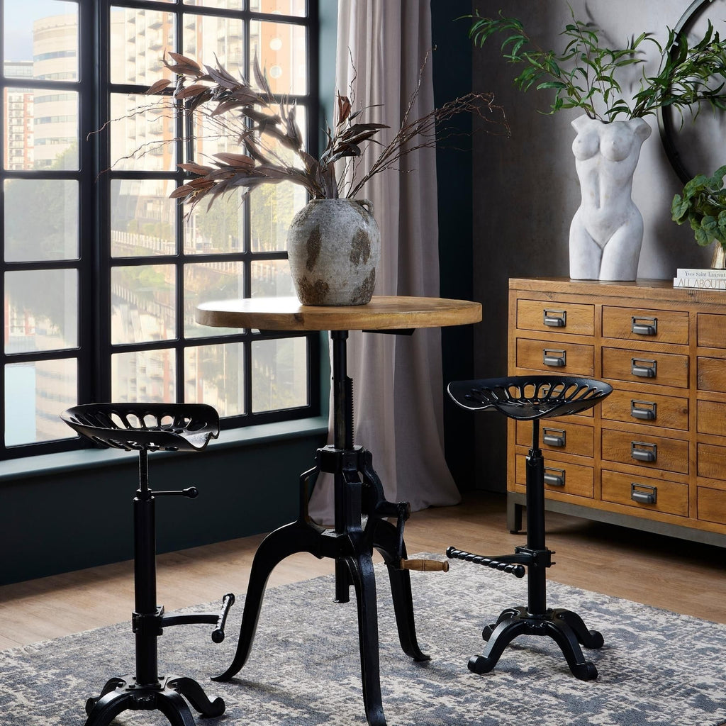Draftsman Adjustable Bar Bistro Table Weathered Wood Top With Vintage Steel Framework Heritage Collection