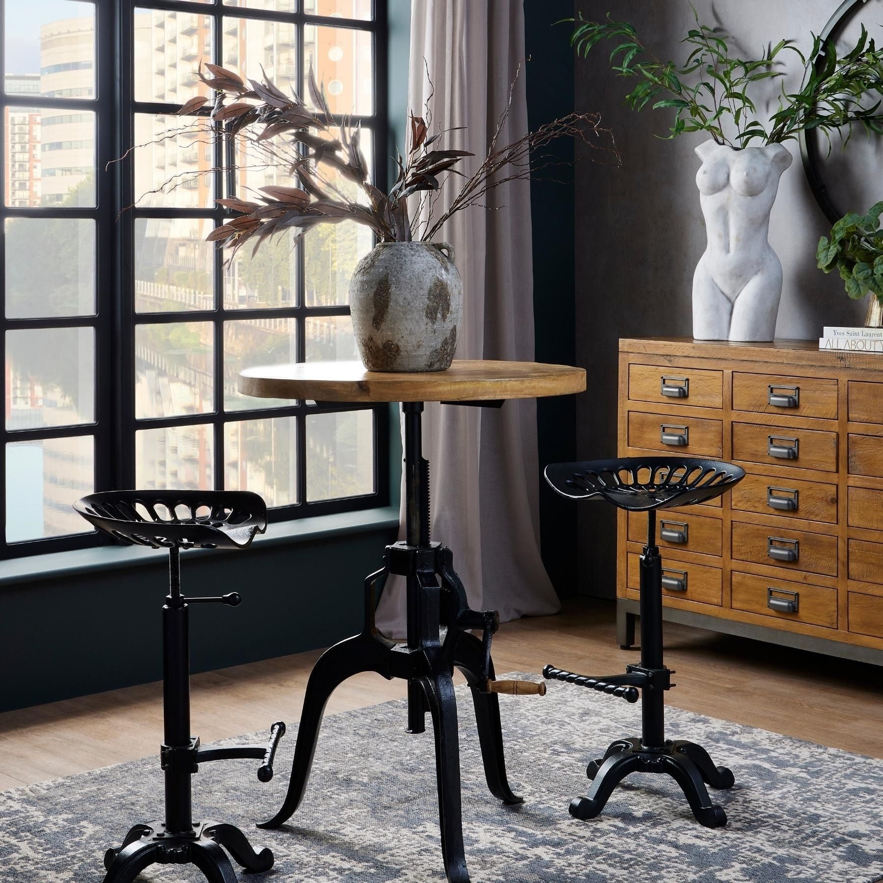 Draftsman Adjustable Bar Bistro Table Weathered Wood Top With Vintage Steel Framework Heritage Collection