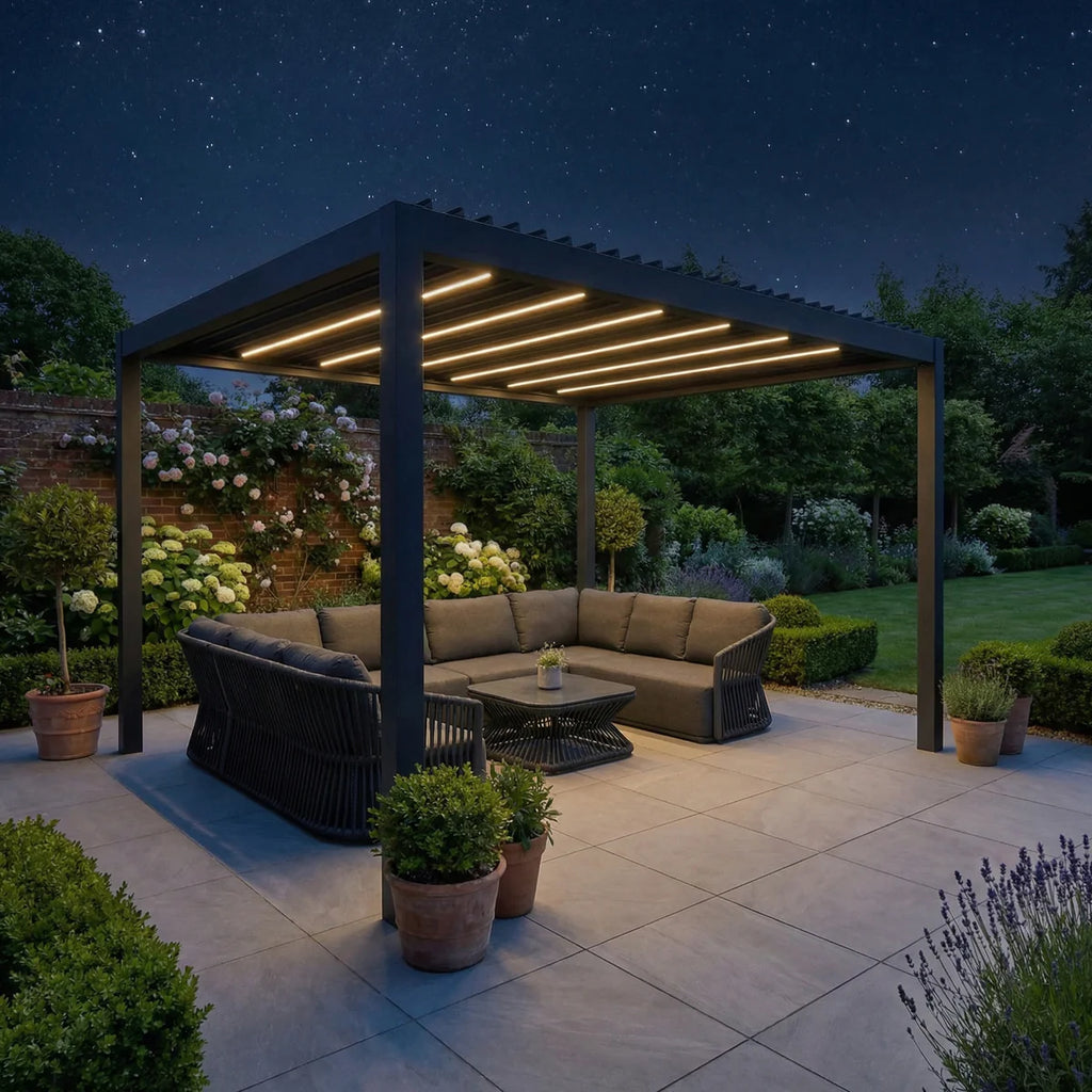 PergoSTET Deluxe Frame Pergola With Motorised Led Louvres 3m x 4m Grey