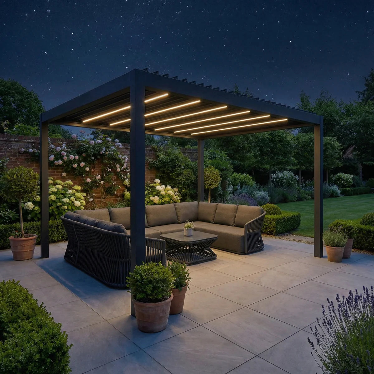 PergoSTET Deluxe Frame Pergola With Motorised Led Louvres 3m x 4m Grey