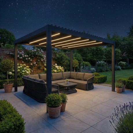 PergoSTET Deluxe Frame Pergola With Motorised Led Louvres 3m x 4m Grey