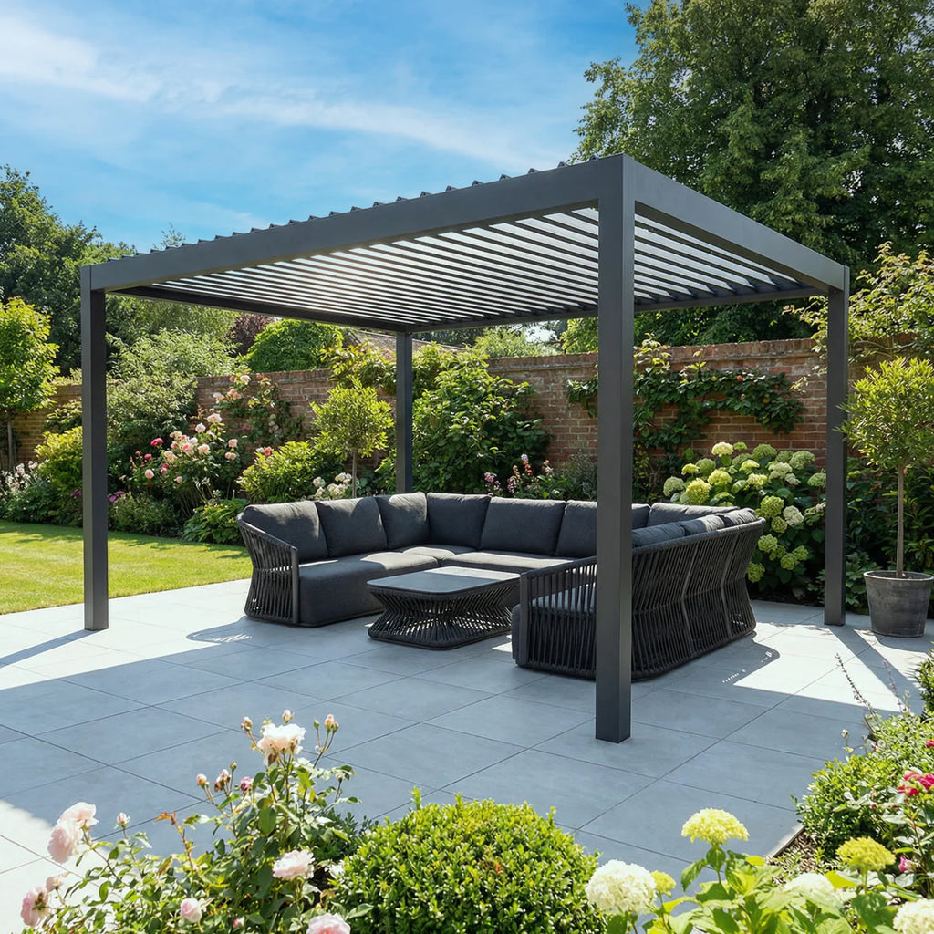 PergoSTET Deluxe Frame Pergola With Motorised Led Louvres 3m x 4m Grey