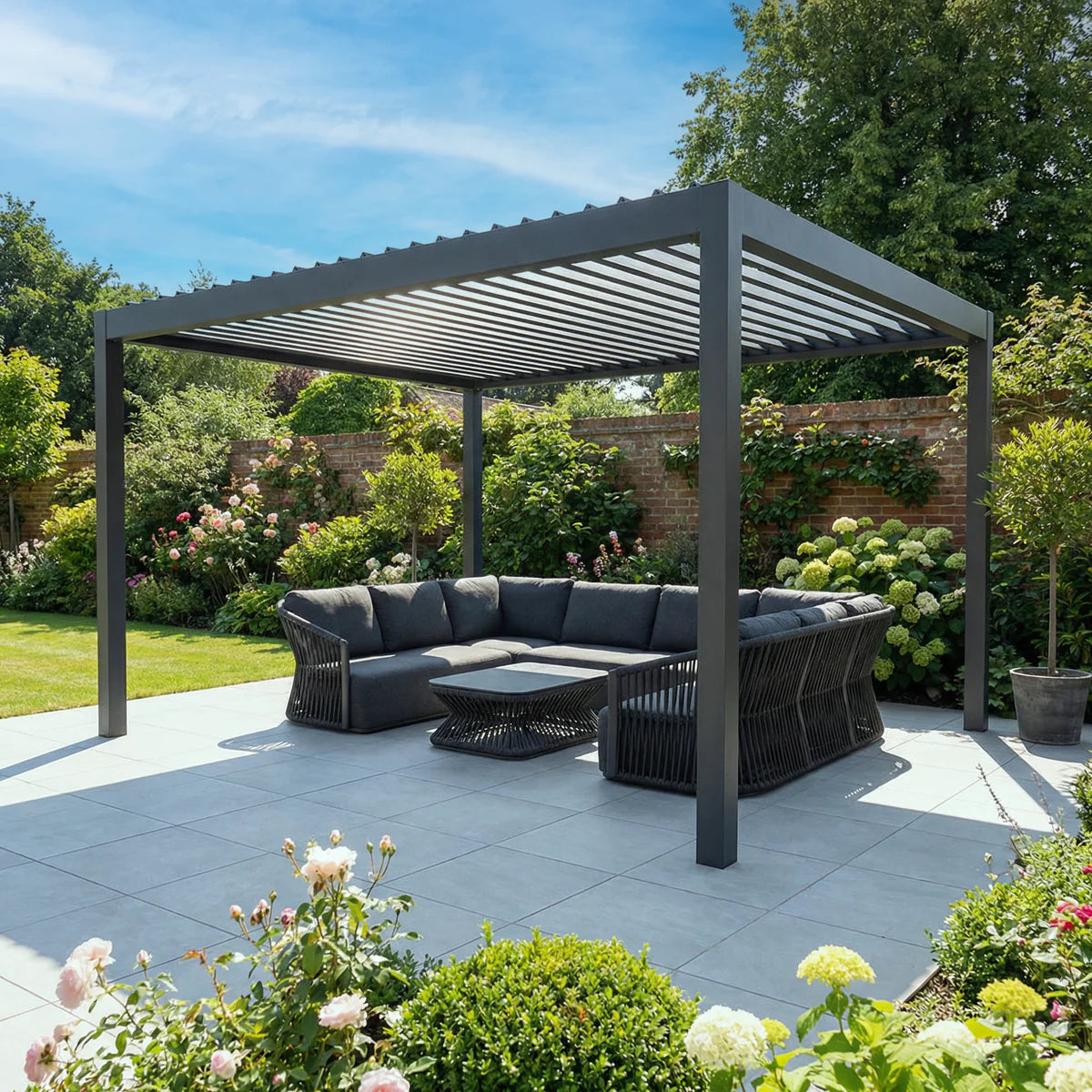 PergoSTET Deluxe Frame Pergola With Motorised Led Louvres 3m x 4m Grey