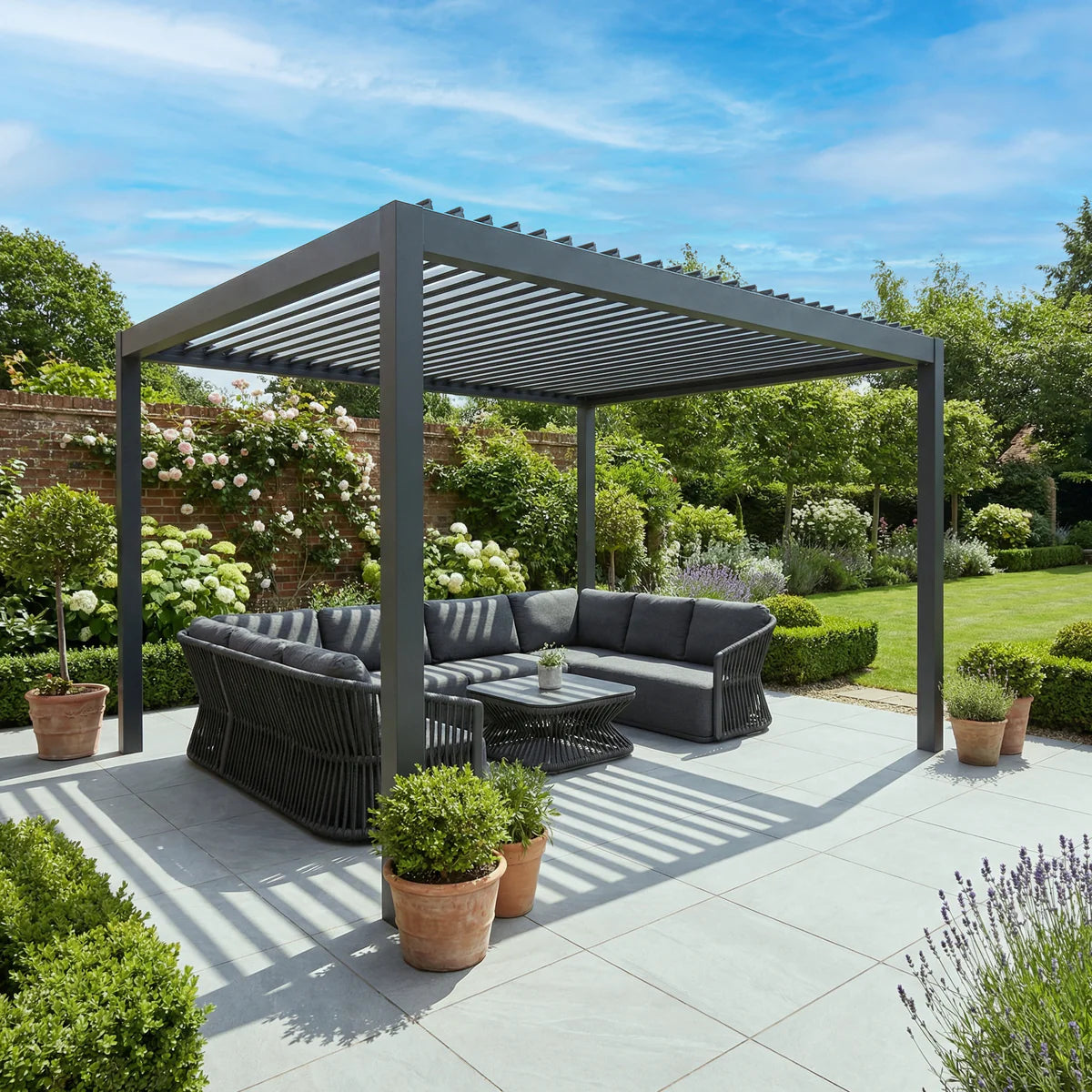 PergoSTET Deluxe Frame Pergola With Motorised Led Louvres 3m x 4m Grey