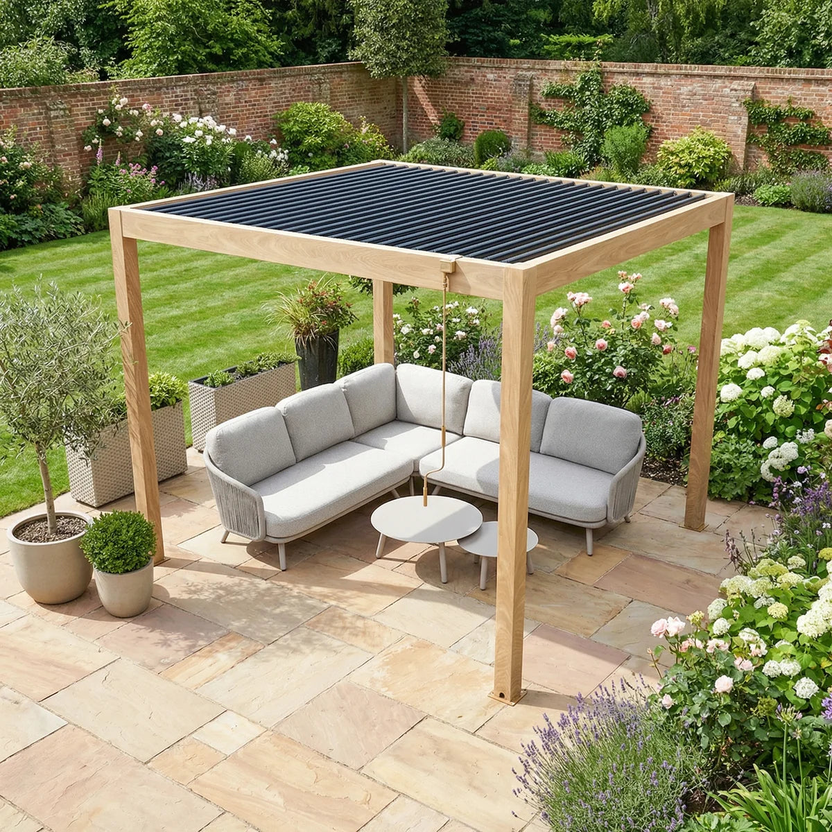 PergoSTET Plus Frame Only 3m x 3m Square Pergola with LED Lighting in Wood Effect