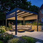 PergoSTET Deluxe 3m x 3m Square Pergola with Motorised LED Louvres and 3 Manual Side Blinds in Grey