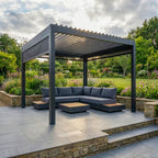 PergoSTET Deluxe 3m x 3m Square Pergola with Motorised LED Louvres and 3 Manual Side Blinds in Grey