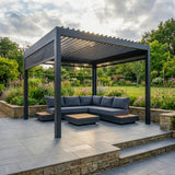 PergoSTET Deluxe 3m x 3m Pergola with Motorised LED Louvres and 3 Manual Side Blinds in Grey
