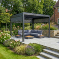PergoSTET Deluxe 3m x 3m Square Pergola with Motorised LED Louvres and 3 Manual Side Blinds in Grey