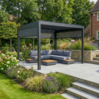 PergoSTET Deluxe 3m x 3m Square Pergola with Motorised LED Louvres and 3 Manual Side Blinds in Grey