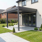 PergoSTET Plus 3m x 3m Square Wall Mounted Pergola with 3 Manual Side Blinds and LED Lighting in Grey