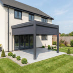 PergoSTET Plus 3m x 3m Square Wall Mounted Pergola with 3 Manual Side Blinds and LED Lighting in Grey