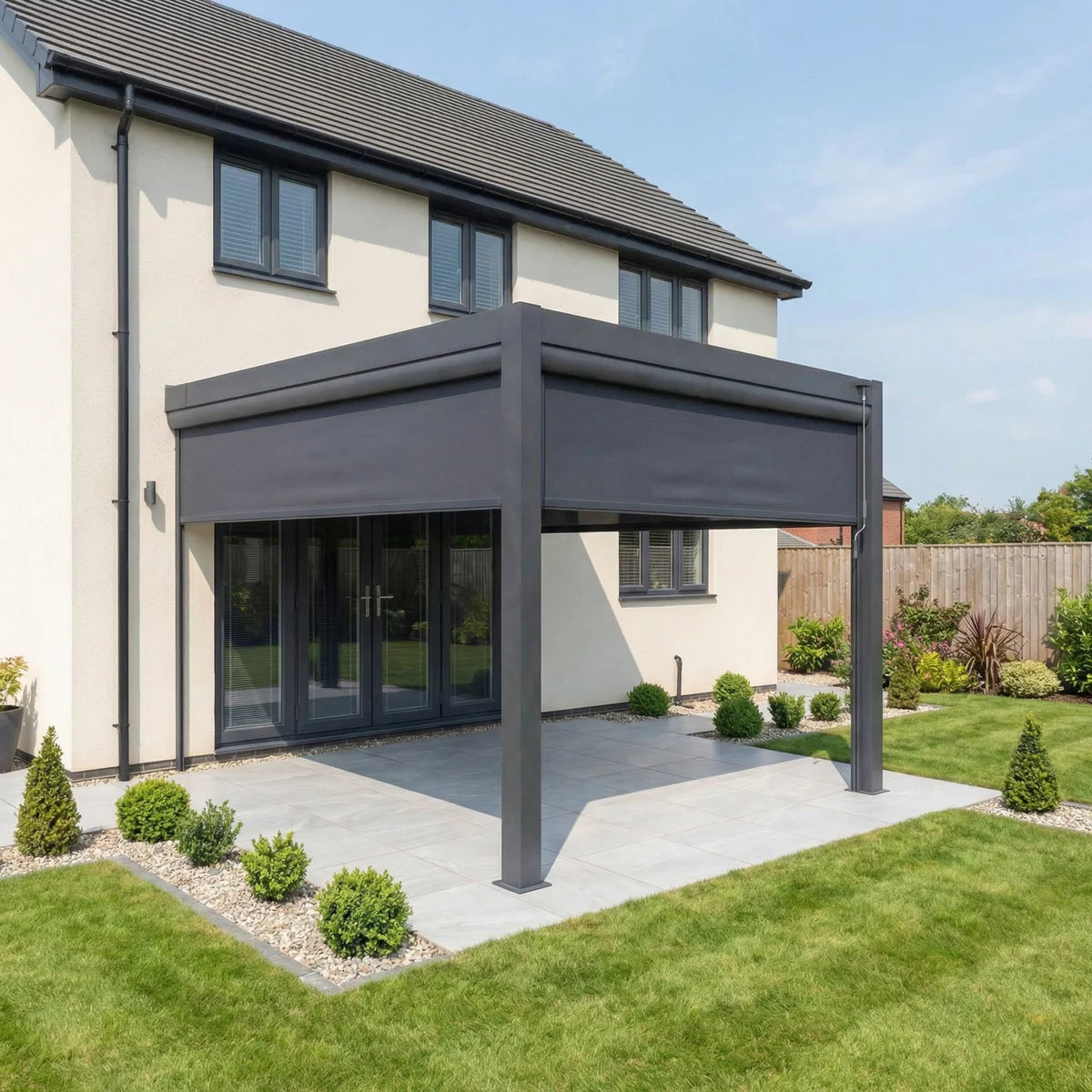 PergoSTET Plus 3m x 3m Square Wall Mounted Pergola with 3 Manual Side Blinds and LED Lighting in Grey