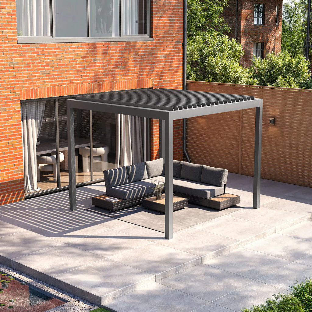 PergoSTET Deluxe Frame Only 3m x 3m Square Pergola with Motorised LED Louvres in Grey