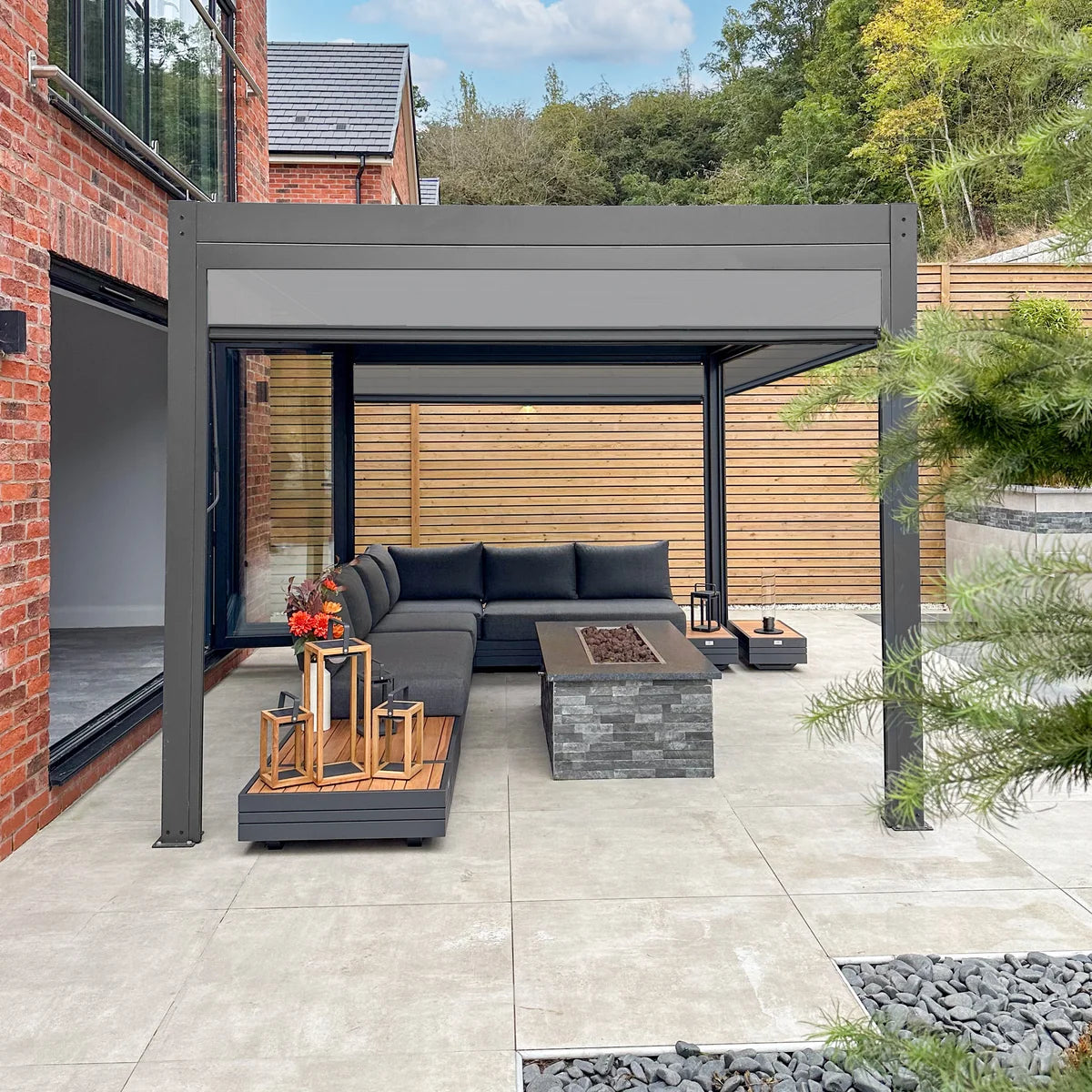 PergoSTET Plus 3m x 3m Square Pergola with 3 Manual Side Blinds and LED Lighting in Grey