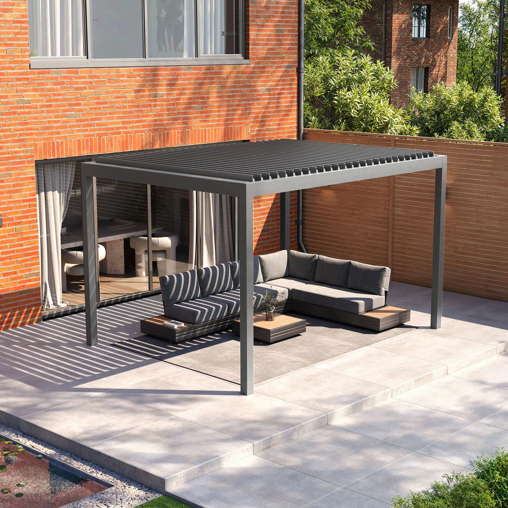 PergoSTET Deluxe Frame Pergola With Motorised Led Louvres 3m x 4m Grey