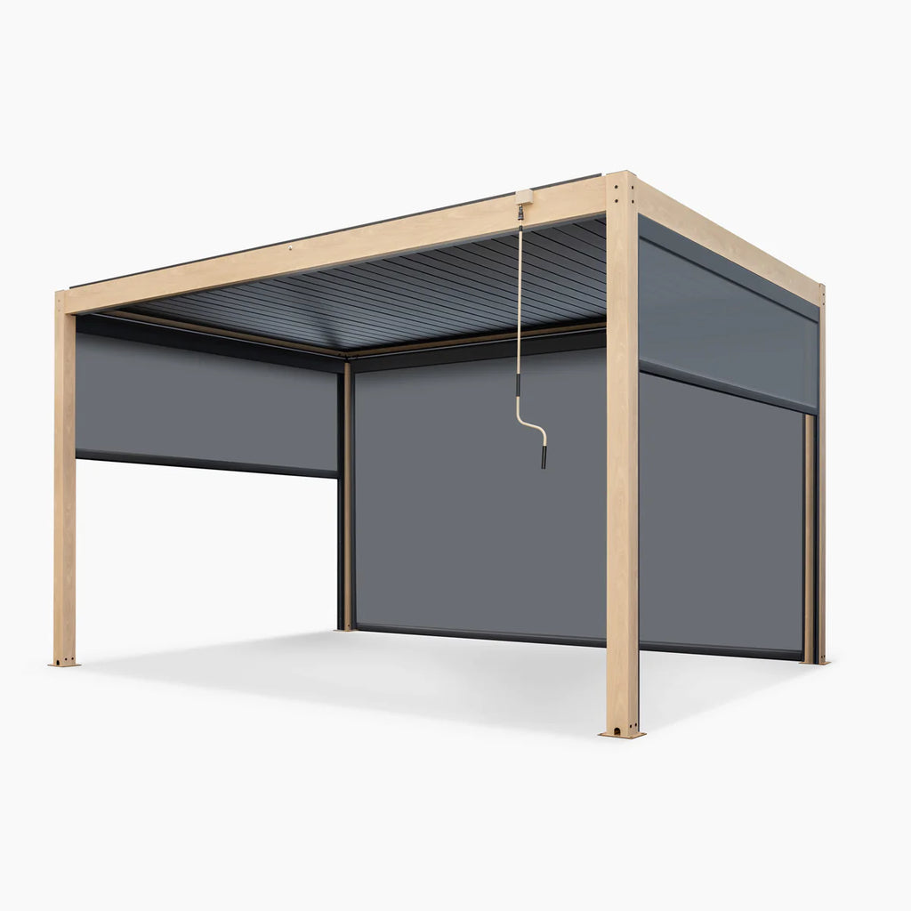 PergoSTET Plus 3m x 4m Rectangular Pergola with 3 Manual Side Blinds and LED Lighting in Wood Effect