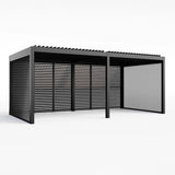 PergoSTET Deluxe 3m x 6m Rectangular Pergola with Motorised LED Louvres, Louvred Side Panels and Manual Side Blinds in Grey