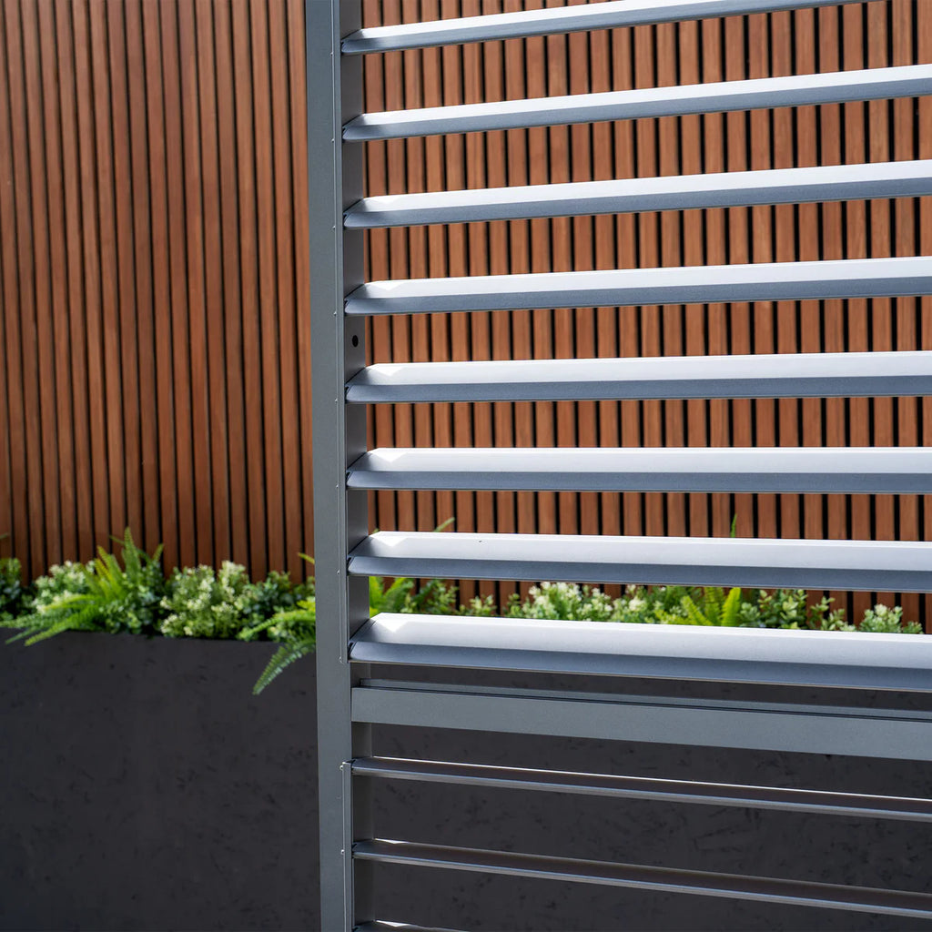 PergoSTET Deluxe 3m x 6m Rectangular Pergola with Motorised LED Louvres, Louvred Side Panels and Manual Side Blinds in Grey