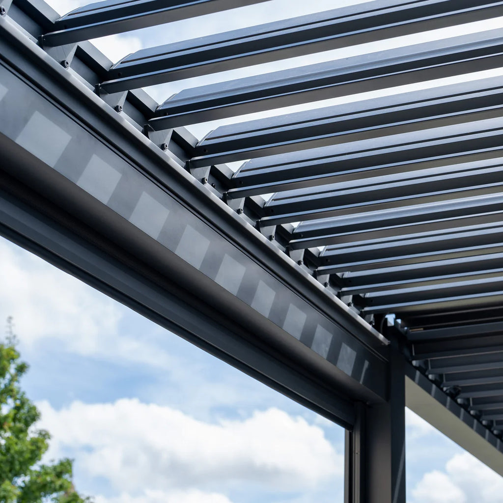 PergoSTET Deluxe 3m x 6m Rectangular Pergola with Motorised LED Louvres and 4 Manual Side Blinds in Grey
