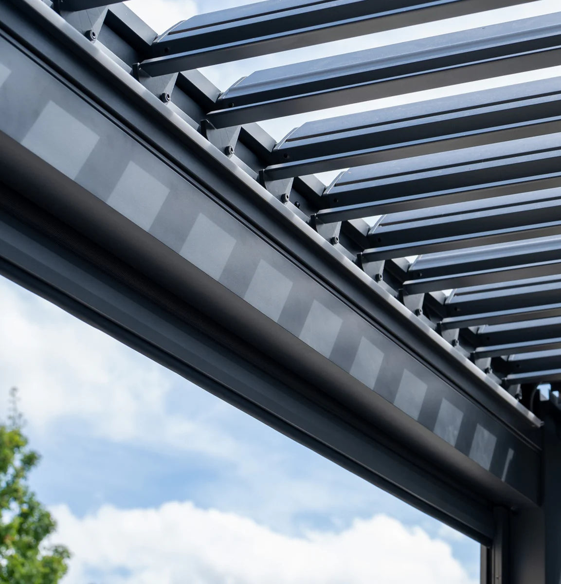 PergoSTET Deluxe 3m x 3m Square Pergola with Motorised LED Louvres and 3 Manual Side Blinds in Grey