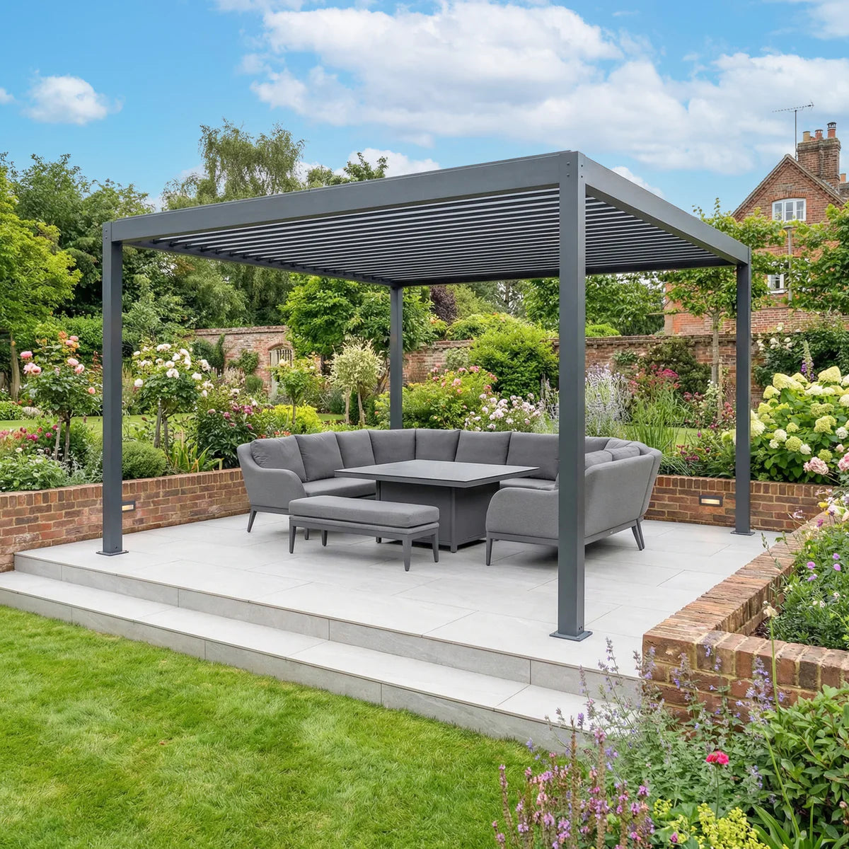 PergoSTET Plus Frame Only 4m x 4m Square Pergola with LED Lighting in Grey