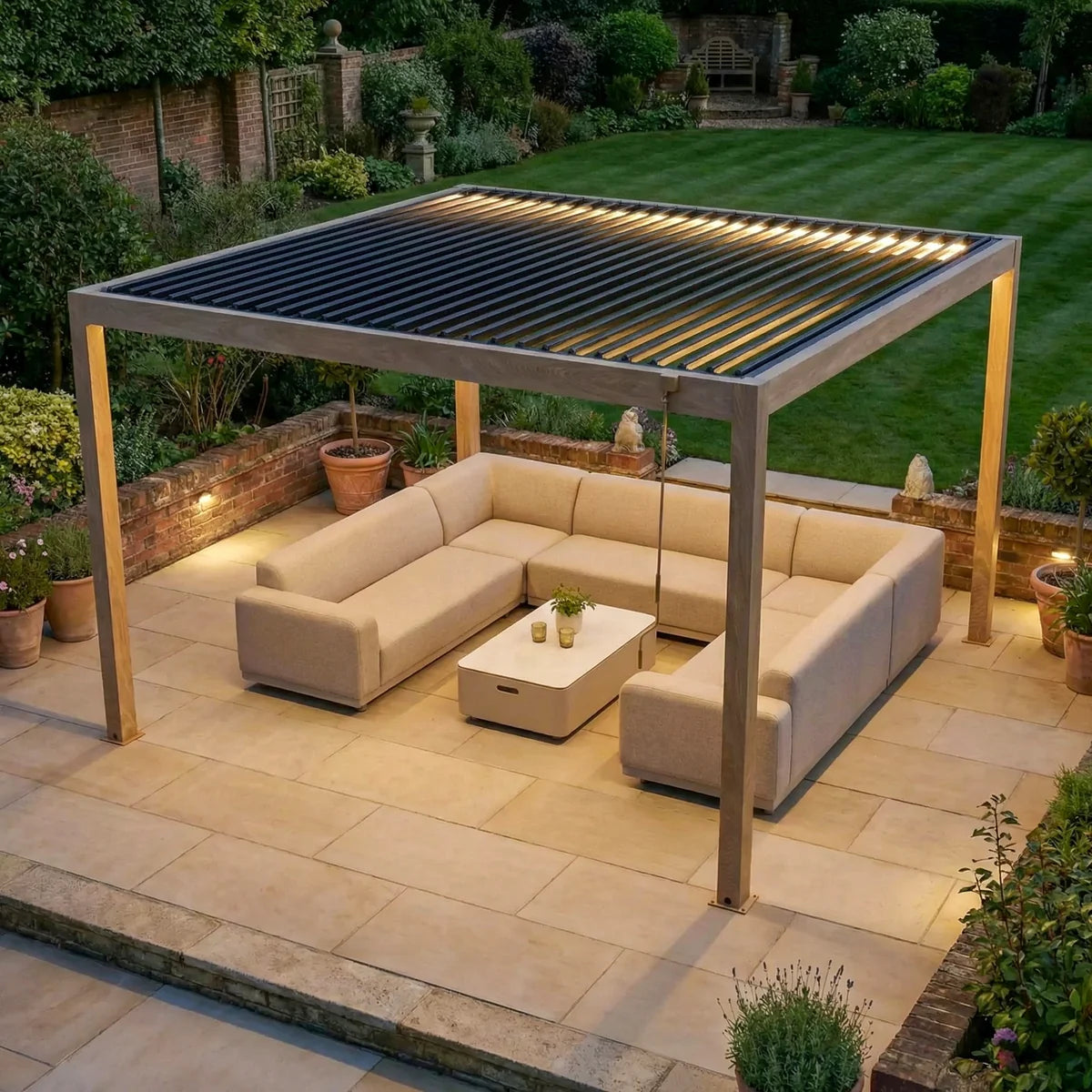 PergoSTET Plus Frame Only 4m x 4m Square Pergola with LED Lighting in Wood Effect