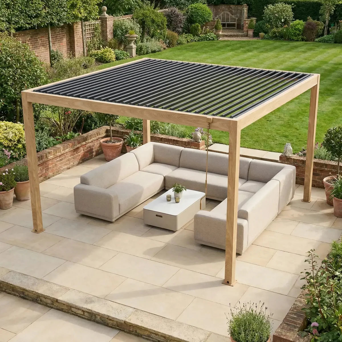 PergoSTET Plus Frame Only 4m x 4m Square Pergola with LED Lighting in Wood Effect