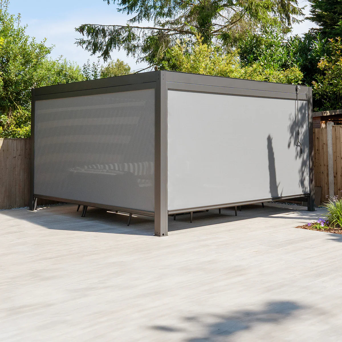 PergoSTET Plus 4m x 4m Square Pergola with 3 Manual Side Blinds and LED Lighting in Grey
