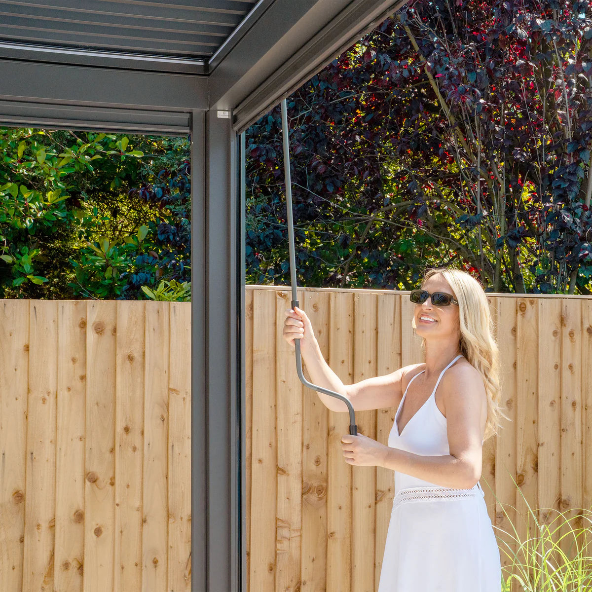 PergoSTET Plus 4m x 4m Square Pergola with 3 Manual Side Blinds and LED Lighting in Grey