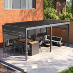 PergoSTET Deluxe 3m x 6m Rectangular Pergola with Motorised LED Louvres, Louvred Side Panels and Manual Side Blinds in Grey