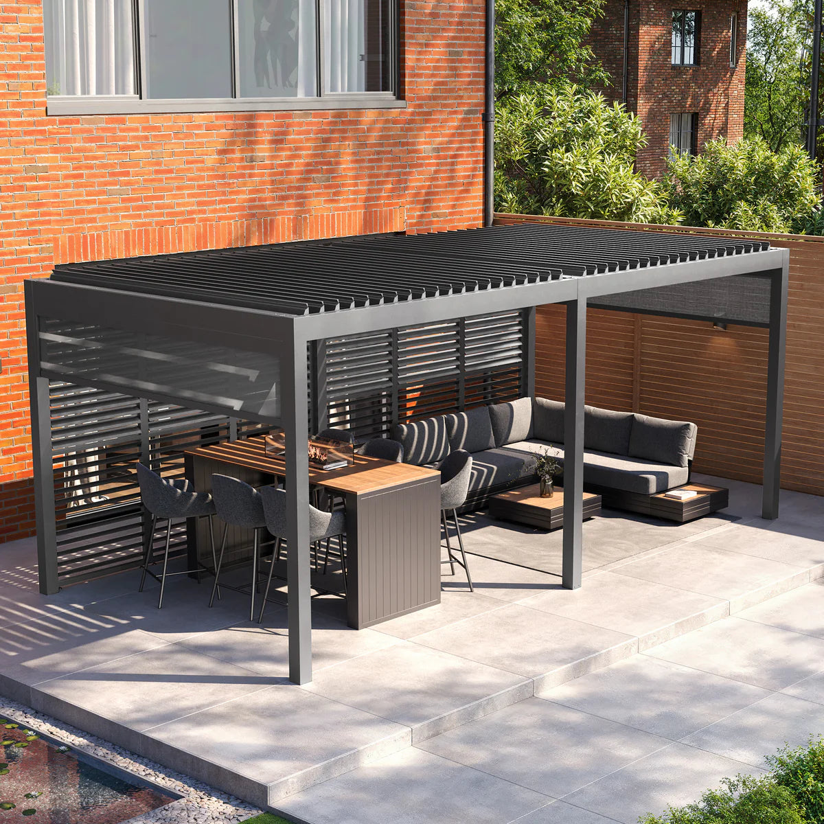 PergoSTET Deluxe 3m x 6m Rectangular Pergola with Motorised LED Louvres, Louvred Side Panels and Manual Side Blinds in Grey