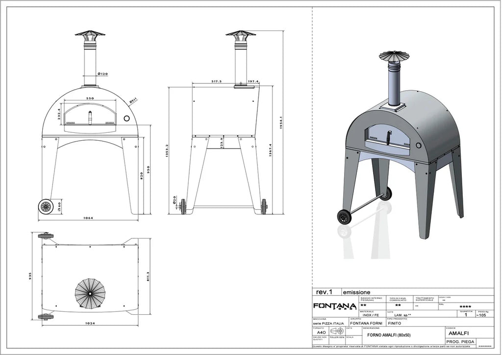 Fontana Amalfi Wood Pizza Oven 80x50 cm Cooking Chamber On Painted Steel Trolley With Wheels