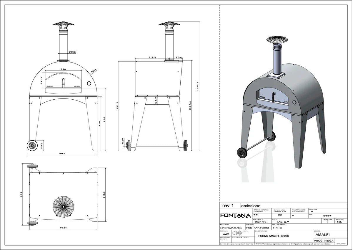 Fontana Amalfi Wood Pizza Oven 80x50 cm Cooking Chamber On Painted Steel Trolley With Wheels