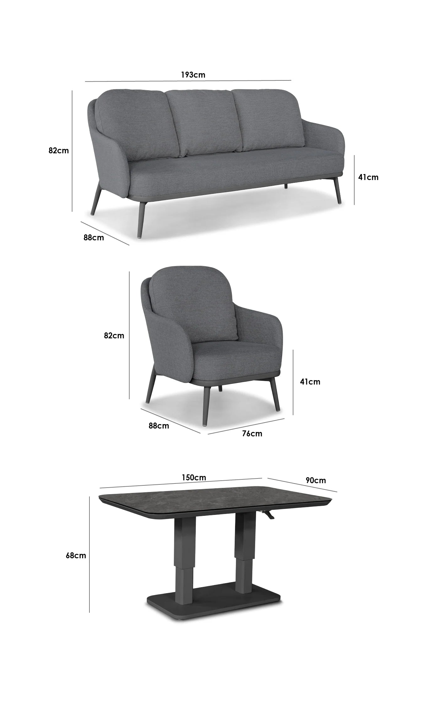 Alva 3 Seat Sofa Dining Set with Rising Table in Grey