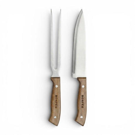 BonFeu Premium 2-Piece Stainless Steel Meat Carving Knife & Fork Set with Acacia Wood Handles
