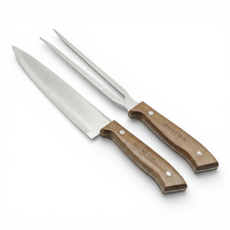 BonFeu Premium 2-Piece Stainless Steel Meat Carving Knife & Fork Set with Acacia Wood Handles