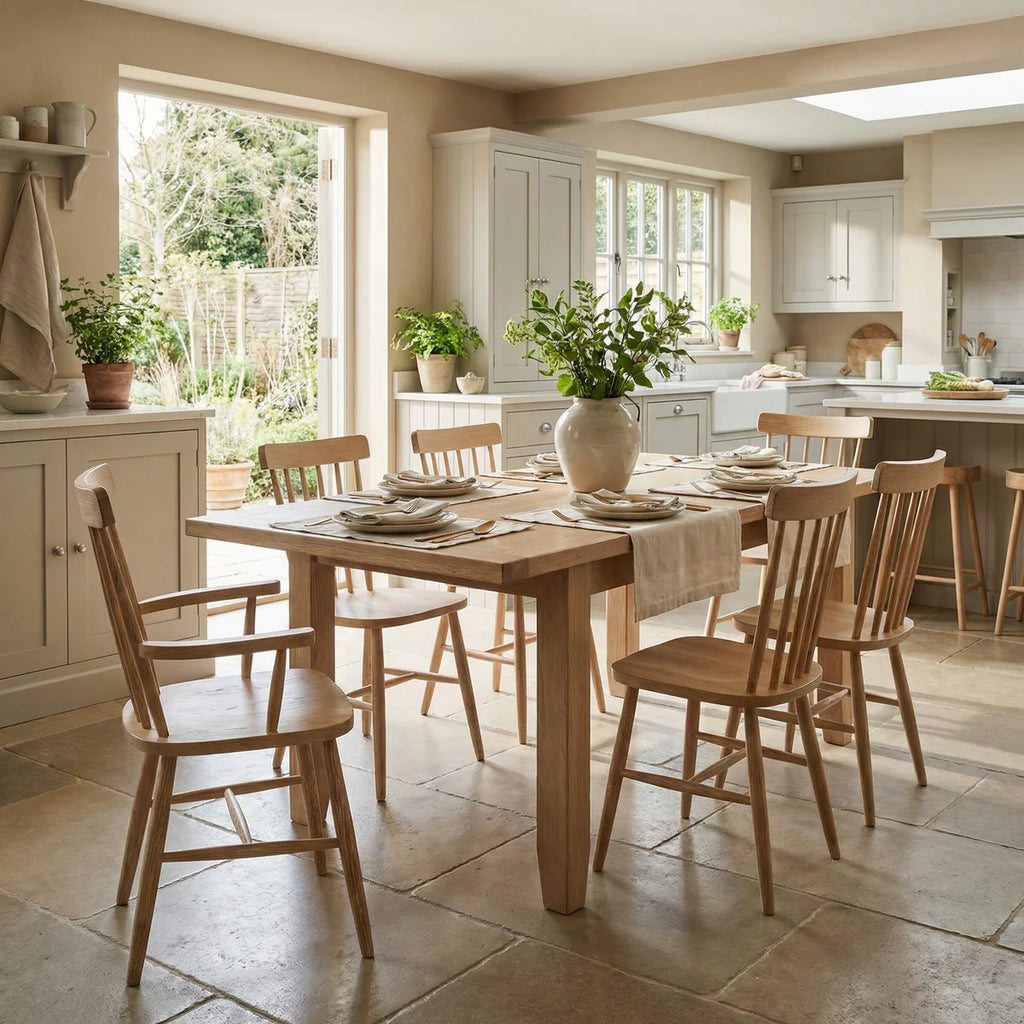 Burford 6 Seat Extending Dining Set with Spindleback Dining and Armchairs in Natural Oak