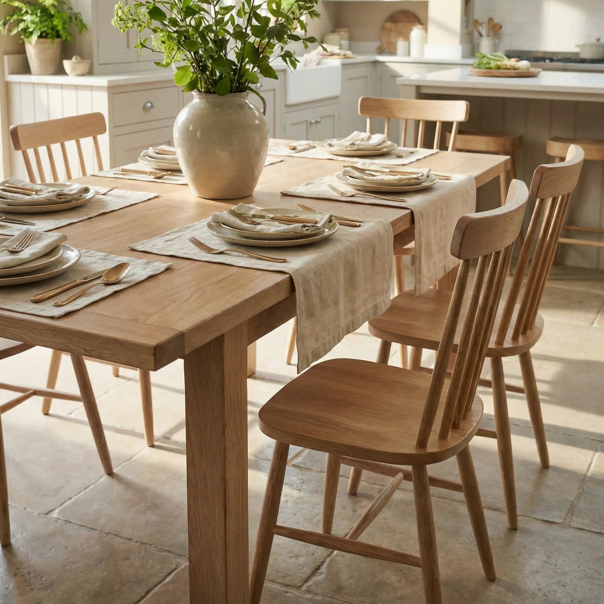 Burford 6 Seat Extending Dining Set with Spindleback Dining and Armchairs in Natural Oak