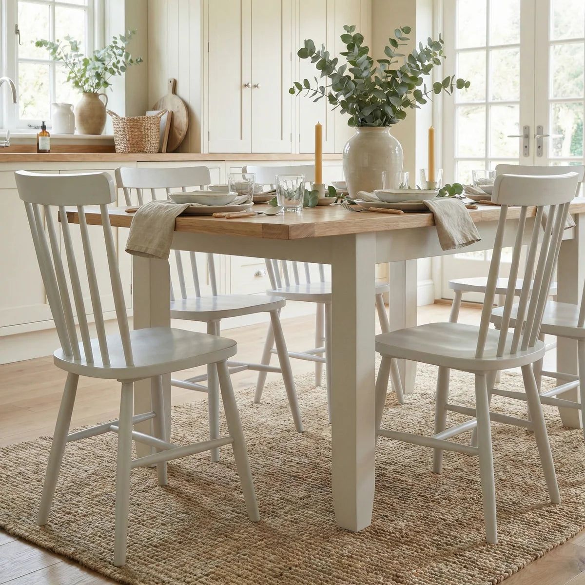 Burford 6 Seat Extending Dining Set with Spindleback Dining Chair in Warm White